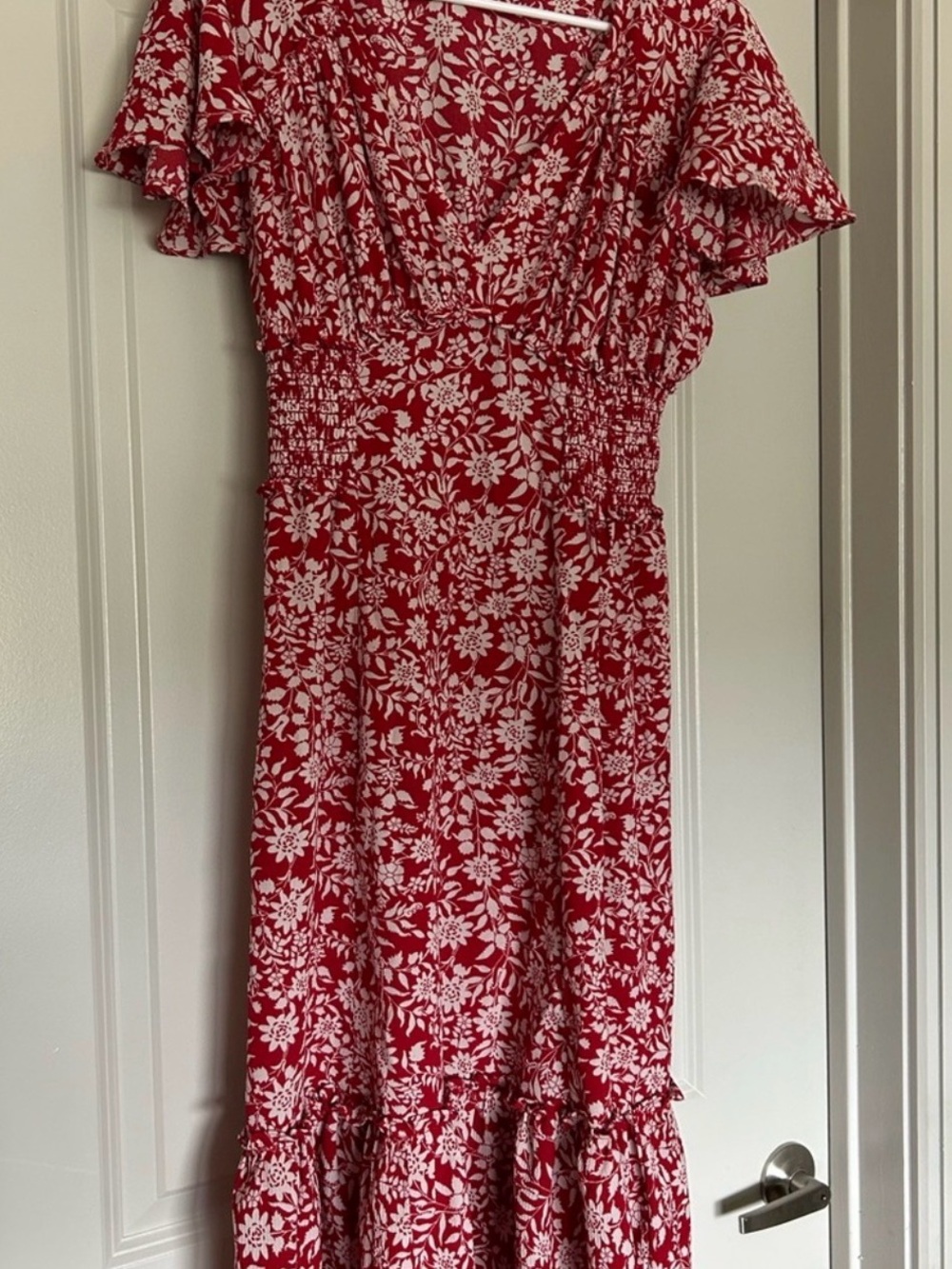 Max Studio Red Floral V-Neck Dress with White Flower Print